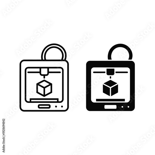 Iconic representation of a 3D printer creating a cube shape.