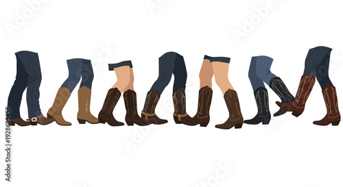 A row of lower legs wearing various styles of cowboy boots and denim clothing is arranged horizontally against a clean white background.