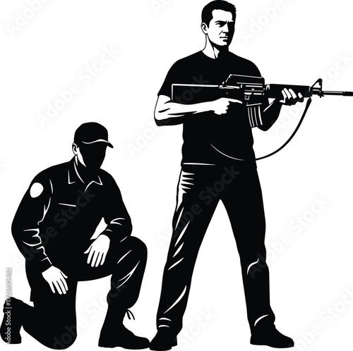 Armed security team silhouette vector illustration, tactical soldiers holding rifle in defensive stance, military protection and law enforcement combat readiness concept