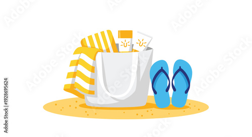 A white beach bag containing a striped towel and sunscreen sits on a patch of yellow sand next to a pair of blue flip-flops.