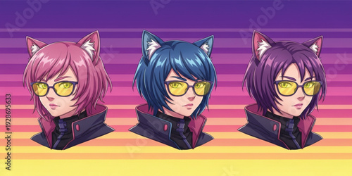 Futuristic Anime Cat Girl Characters with Neon Glasses and Cyberpunk Style Portraits on Vibrant Gradient Background for Gaming and Avatar Design