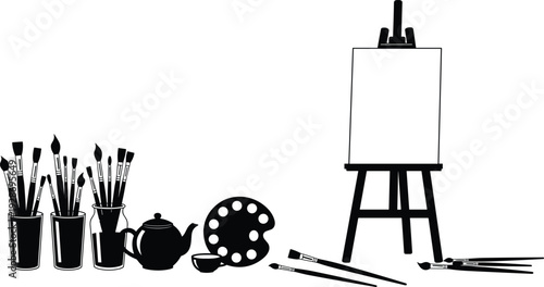 Artist painting workspace vector illustration with easel canvas paint brushes and palette, black silhouette icons for creative studio, fine art, drawing, design concepts