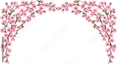 Elegant cherry blossom floral arch with pink blossoms and green leaves, perfect for wedding invitations, spring festival decorations, greeting cards, and seasonal design projects
