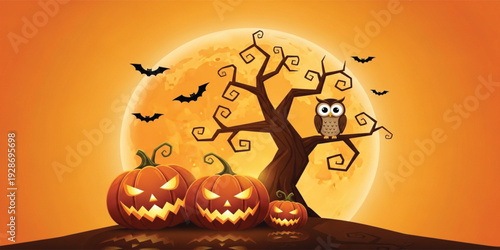 Halloween Night Scene with Scary Pumpkins, Haunted Tree, Owl and Bats Under Full Moon for Spooky Holiday Poster and Seasonal Design