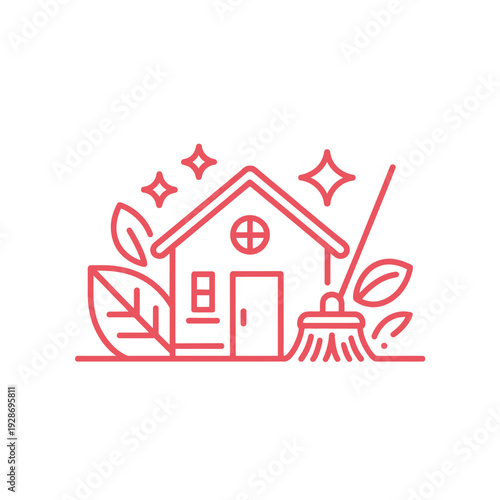 A house icon is cleaned with a broom and sparkling stars.
