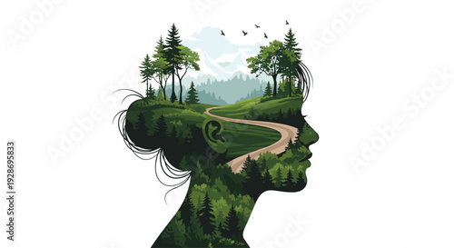 The profile silhouette of a woman with her hair in a bun contains a winding path through a dense pine forest and mountains.
