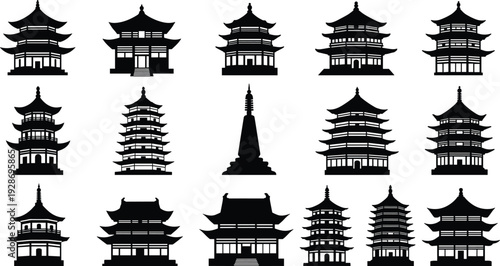 Asian pagoda silhouettes vector collection, traditional Chinese and Japanese temple architecture set, historic religious buildings illustration, oriental landmark icons, black minimal design