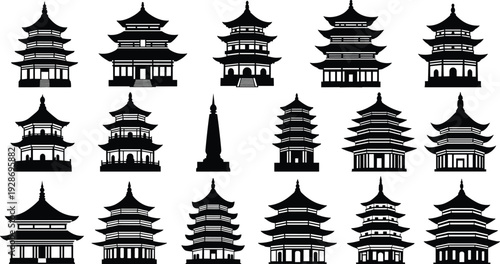 Asian pagoda temple silhouette collection, traditional Chinese and Japanese architecture buildings in multiple styles, black oriental landmark vector illustration set