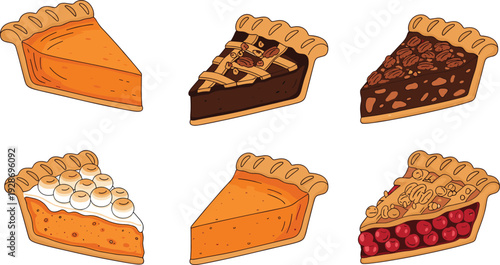Assorted pie slice vector illustration set featuring pumpkin chocolate pecan cherry desserts isolated on white background for bakery menu design
