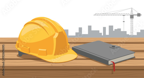 A yellow construction helmet and a grey notebook lie on a wooden table with a grey city skyline and crane background.