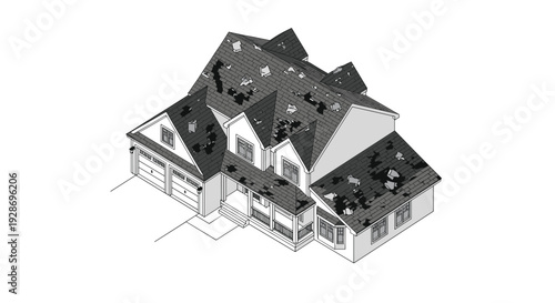 An isometric architectural drawing shows a large suburban house with multiple sections of damaged and missing shingles on its complex roof.