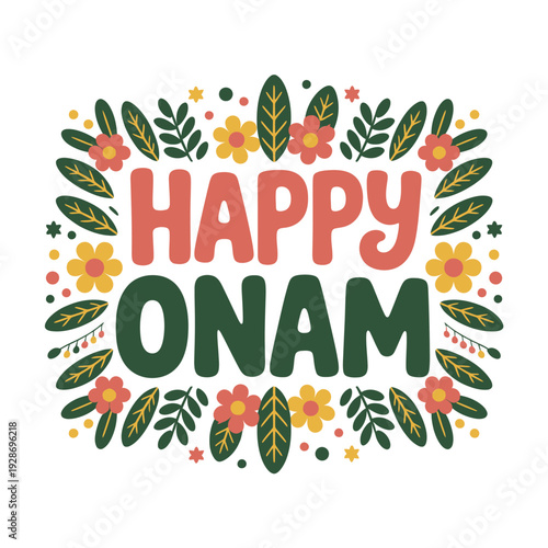 Happy Onam greetings with floral border and festive text.