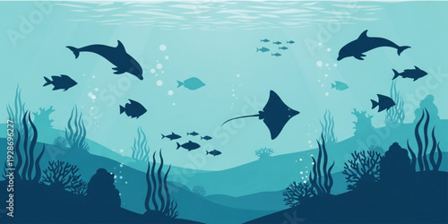 Underwater Ocean Silhouette Scene with Dolphins Stingray and Tropical Fish for Marine Life Background, Sea Nature Illustration and Aquatic Design