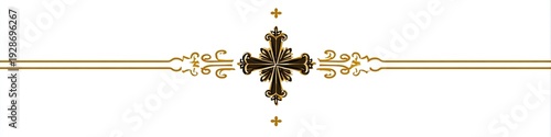 Ornate golden cross centered, flanked by gold bars & decorative flourishes on white