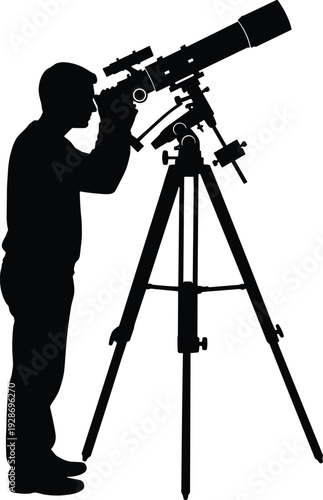 Astronomer silhouette using telescope on tripod isolated on white background, stargazing astronomy concept for space research, science education, celestial observation, and exploration design