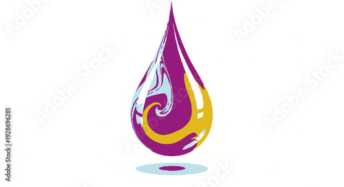 Vibrant purple and yellow teardrop shape with swirling patterns on white background