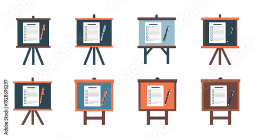 Eight different flipcharts on wooden easels display white paper checklists with pens in various color schemes against a white background.
