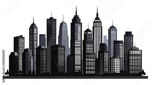 Black Silhouette City Skyline with Tall Buildings and Skyscrapers – Vector Illustration