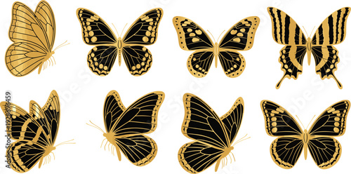 Elegant butterfly illustration set in gold and black tones with diverse wing patterns—ideal for luxury design, nature art, decorative graphics, and entomology themes.