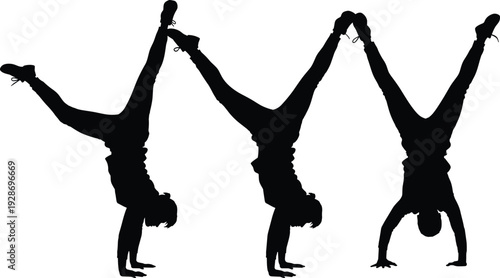 Athletic silhouettes performing handstand balance poses, strong fitness and gymnastics movements, flexible body control exercises isolated in black vector illustration on white background