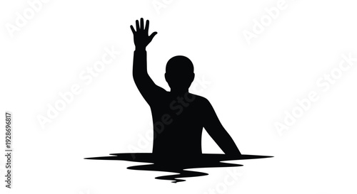 Silhouette vector graphic illustration of a person sinking into a hole or deep water desperately raising one hand asking for help or rescue