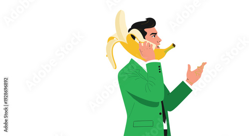 A man in a green suit is shown from the side holding a peeled yellow banana to his ear as if talking on a telephone.