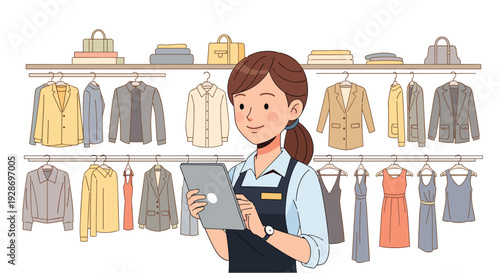 A female retail worker in a blue apron uses a digital tablet while standing in front of organized clothing racks and shelves in a boutique.