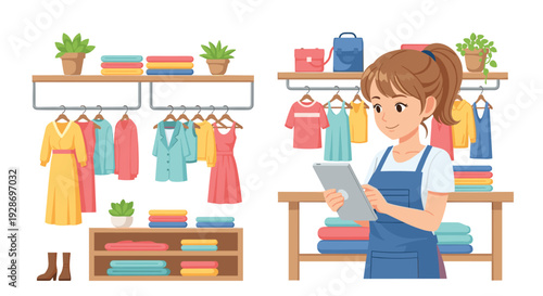 A young woman wearing a blue apron operates a tablet computer inside a brightly lit clothing store featuring wooden shelves and green potted plants.