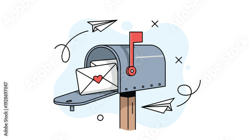 Mailbox receives romantic love letters and invitations while paper airplanes fly around in a whimsical vector style for communication.