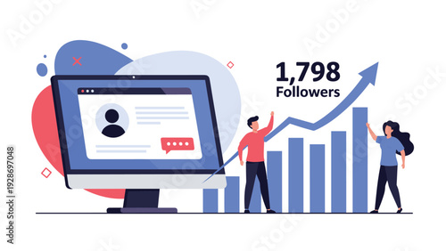 Successful social media marketing strategy is shown by a monitor showing profile growth and two people celebrating follower milestones.