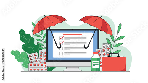 Online medical insurance and healthcare management are shown with a computer screen showing a checklist protected by red umbrellas.