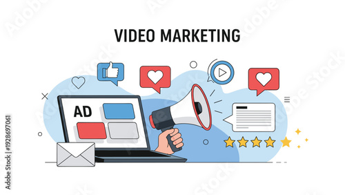 Digital video marketing concept features a laptop computer surrounded by social media icons, megaphone, and notification symbols for growth.