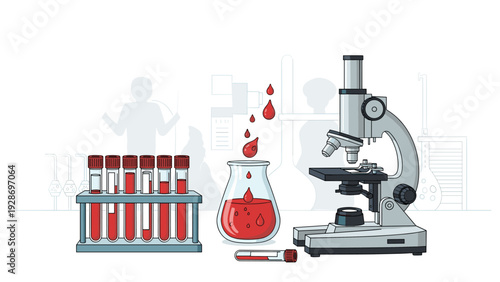 Laboratory research and blood analysis are conducted using a professional microscope, test tubes, and beakers in a clinical medical setting.