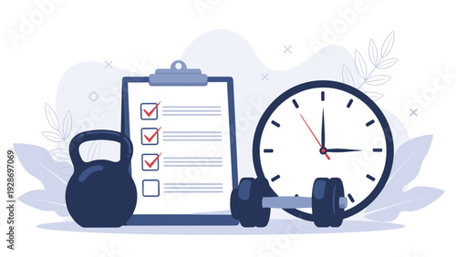 Fitness workout plan and exercise routine are organized with a clipboard checklist, kettlebell, dumbbell, and a clock for health tracking.