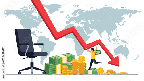 Global financial crisis and economic recession are shown with a falling red arrow on a world map while a person runs away from money piles.