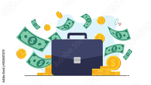 Professional leather briefcase is surrounded by flying dollar bills and stacks of gold coins representing business success and wealth.