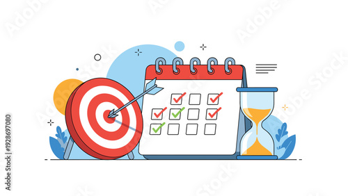 Time management and goal achievement concepts are represented by a red target with an arrow, a checklist on a calendar, and an hourglass.