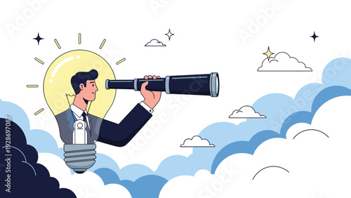 Creative businessman stands inside a lightbulb and looks through a telescope toward the clouds to find new innovative ideas and future.