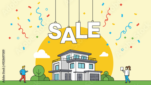Real estate property sale celebration features a modern luxury house under a large yellow sun with confetti and people cheering for a home.