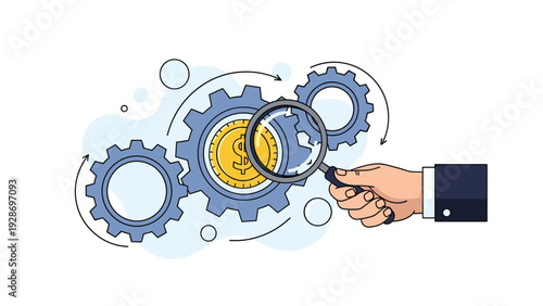 Financial audit and analysis are performed with a hand holding a magnifying glass over mechanical gears and a gold coin for business growth.