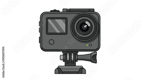 Modern black action camera with a wide angle lens is mounted on a standard tripod base for capturing high quality video during adventures.