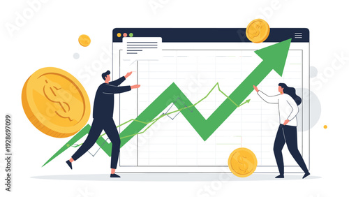 Collaborative business team works together to push a large green upward arrow on a financial chart with gold coins for corporate success.