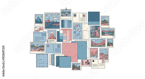 A collection of vintage-style postcards and photographs depicting various landscapes and abstract patterns is arranged in a dense collage on a white background.