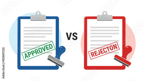 Business document processing concept showing two clipboards with approved and rejected stamps, representing a decision making process.