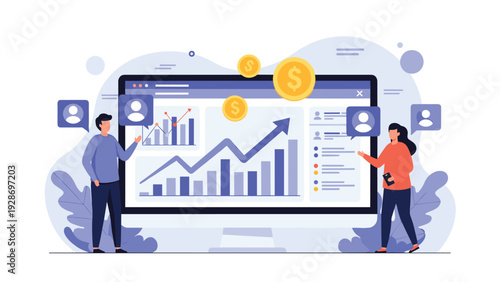 Financial market analysis and investment monitoring concept with two people discussing growth charts on a computer screen and gold coins.
