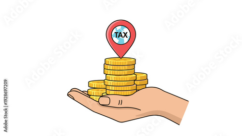 Global taxation and finance concept showing a hand holding several stacks of gold coins with a world map pin labeled TAX on top of them.