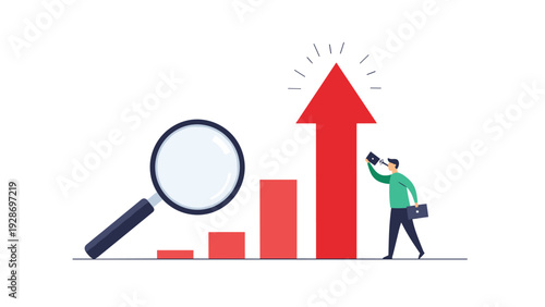 Financial growth and market research concept with a man holding a briefcase looking at a large red upward arrow and a bar chart through a lens.