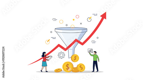 Sales funnel and revenue generation concept featuring two people near a large funnel collecting gold coins with an upward red trending arrow.
