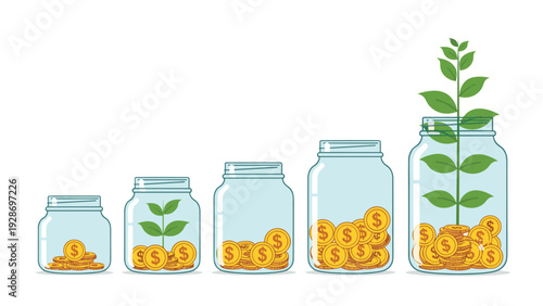 Financial growth and savings progress concept with a series of glass jars containing increasing gold coins and a growing green plant on top.
