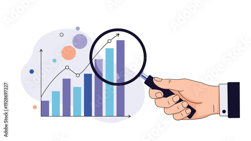 Data analysis and business growth concept showing a hand holding a magnifying glass over an upward trending bar chart with various data points.